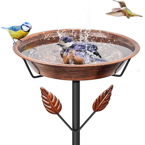 Bain d'oiseaux en métal de 95 cm pour extérieur, mangeoire amovible vintage avec piquet de base à 5 broches, facile à nettoyer, pour extérieur, jardin, cour, pelouse (marron rétro, feuilles) (1/5)