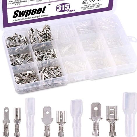 315Pcs 2.8/4.8/6.3mm mâle et femelle Spade connecteurs rapides Bloc de borne de sertissage de fil avec kit d'assortiment de manche isolante parfait pour le câblage électrique (1/5)