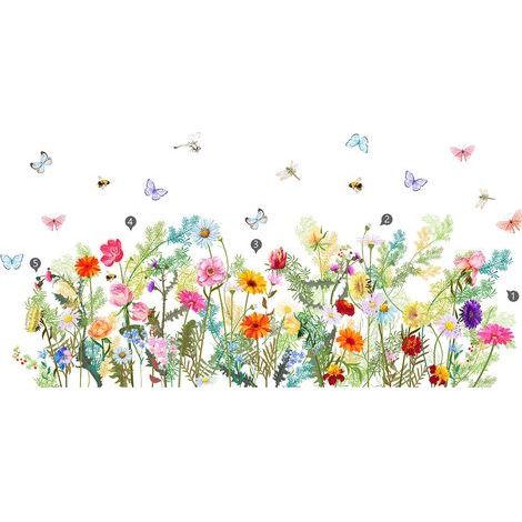 Stickers Muraux Fleur de Jardin Autocollant Mural Stickers Muraux Fleur Plante Papillon Décoration Murale pour Fond de Canapé Chambre Salon (Fleurs) (1/5)