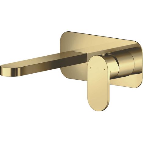 Balterley Enville Round Wall Mounted 2 Tap Hole Basin Mixer Tap with Fluted Lever Handle and Back Plate - Brushed Brass Finish