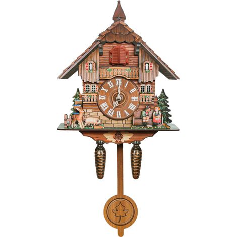 Horloge à coucou en bois décorative pour chambre à coucher avec mode nuit, oiseau chanteur, horloge murale style forêt européenne (1/4)