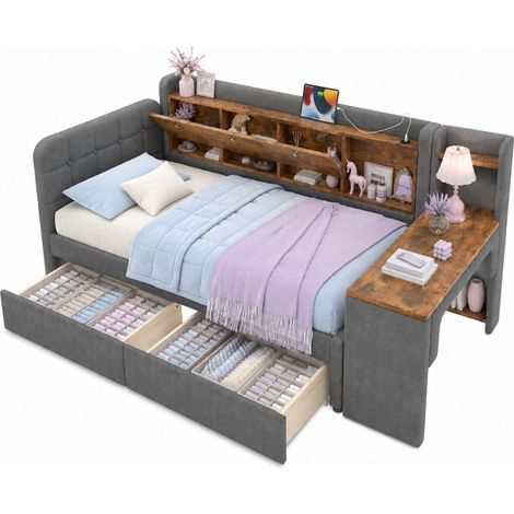 Lit banquette 90x200 cm avec bureau réversible, 2 tiroirs, rangement à abattant, étagère, USB et port Type-C, sommier à lattes, gris – CHICFURN (1/5)