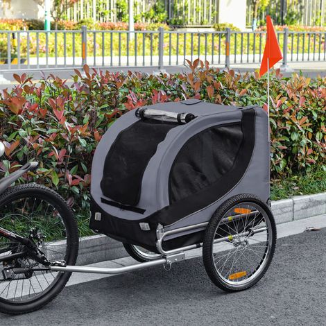 Remolque para bicicleta mediano para perros con ventanas laterales y bandera, remolque de acero y tela Oxford, 130x73x90 cm, gris y negro.