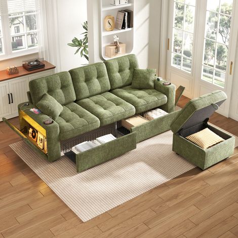 Canapé droit 3 places 194,5x133x83 cm avec pouf coffre, LED, 2 ports USB-C, 2 tiroirs, 2 porte-gobelets, rangement latéral, tissu chenille vert (1/5)