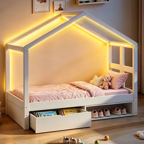 Lit cabane 90x190 cm lit enfant avec tiroirs de rangement et meuble à chaussures, éclairage LED multicolore, sommier inclus, bois blanc (1/5)