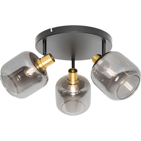 Qazqa – Plafonnier à spot 3 lumières Ø 57 cm – Noir et or – Verre fumé – Luminosité variable – Pour salon, chambre, cuisine, salle à manger