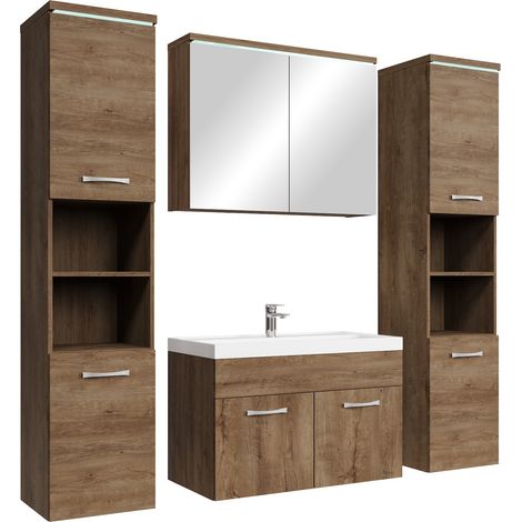Badplaats Set Mobili Bagno Paso XL 80 x 40 cm - Rovere Marrone - Mobile con Specchio Contenitore e Pensili (1/5)