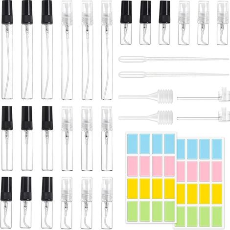 24er-Pack Parfüm-Sprühflaschen aus Glas, 2/3/5/10 ml Mini-Sprühflasche mit Pipette und Quetschkopf, tragbarer kleiner klarer Zerstäuber für Parfüm (schwarz/weiß) (1/5)