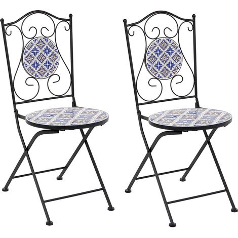 Set of 2 Garden Chairs White/ Blue Iron with Ceramic Mosaic Folding Chairs Retro Style SIPONTO (1/5)