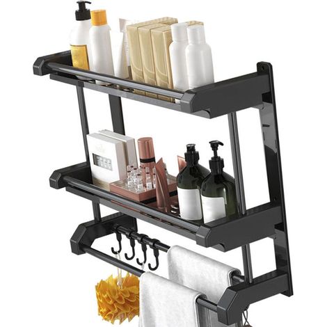 Rack de rangement pour salle de bain, toilette ou cuisine, avec deux étages en noir (50 cm) – idéal pour suspendre accessoires et serviettes. (1/4)
