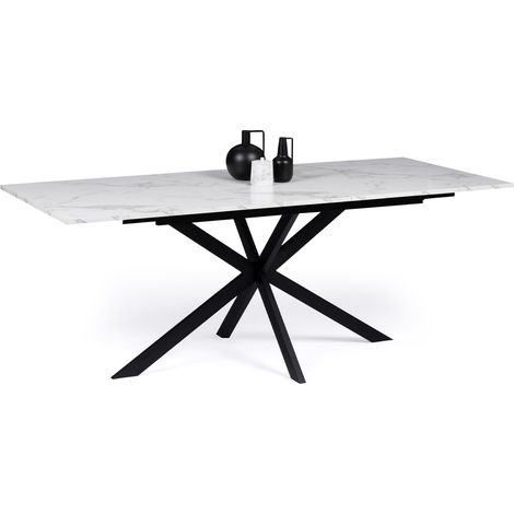 Idmarket – Table extensible rectangulaire ALIX 6-10 personnes – Pied araignée noir – Plateau effet marbre blanc 160-200 cm – Rallonge intégrée 40 cm