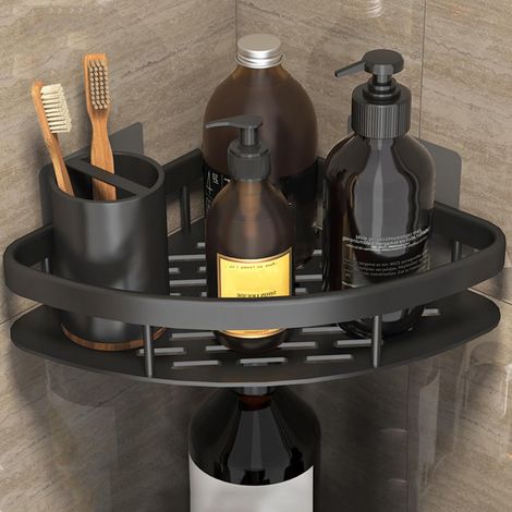 Étagère d'angle pour salle de bain - Fixation murale - Support triangulaire en aluminium - 1 pièce - Noir (1/5)