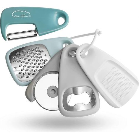 Küchenhelfer-Set, 5-teilig, platzsparende Kochutensilien: Käsereibe, Flaschenöffner, Obst-/Gemüseschäler, Pizzaschneider, Knoblauch-/Ingwerreibe, Edelstahl