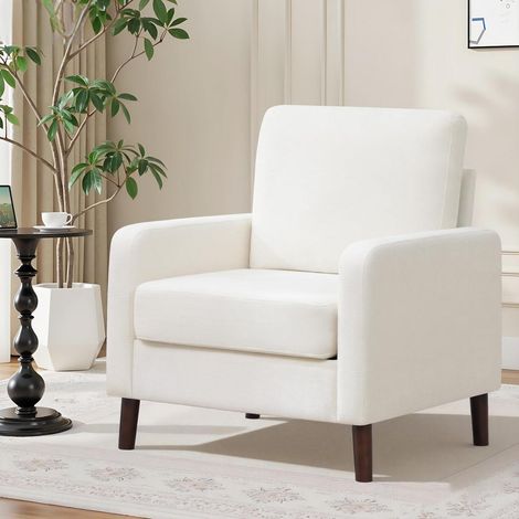 Fauteuil club blanc en tissu chenille, pieds bois, design moderne (1/5)