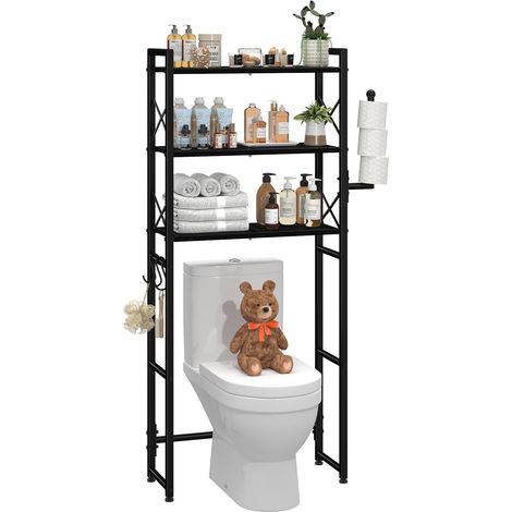 Étagère de Rangement pour Salle de Bain avec Porte-Papier Toilette, étagère de Rangement en métal Robuste à 3 Niveaux avec 3 Crochets, Noir (1/5)