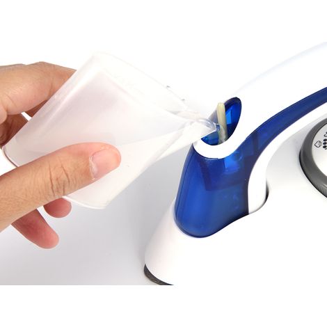 Fer à repasser portable à température contrôlée, modèle minisize compact avec plaque antiadhérente et résistant aux chocs, 460g, bleu-blanc (1/5)
