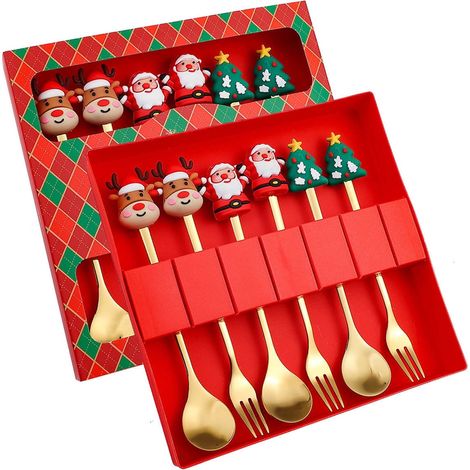 Cuillère De Dessert - Fourchette De Dessert - Acier Inoxydable - Pour Fête De Noël - Service De Table - 6 Pièces (1/2)