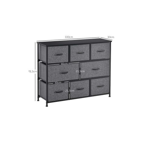 Commode gris foncé à 8 tiroirs en tissu avec structure métallique et poignées, design moderne pour chambre, salon et entrée (1/5)