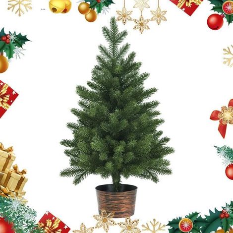 GOPLUS 60CM Sapin Noel Arbre en Pot Arbre Artificiel en Pot, Petit Arbre realiste avec des Branches Epaisses en PE, Pot de Support Stable avec Effet Cuivre, Faux Arbre Decoratif pour Noel et Fetes (1/5)