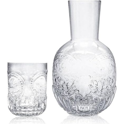 Carafe à eau vintage pour table de chevet avec tasse  chambre d'amis, salle de bain, salon, verre sans plomb, large ouverture, transparent, peu encombrant (1/5)