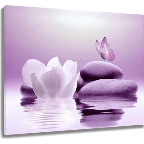 Art mural en toile pierre zen, nénuphar et papillon violet sur lac, décoration murale encadrée pour salon chambre salle de bain yoga spa, tableau spirituel, 40x30 cm (1/5)