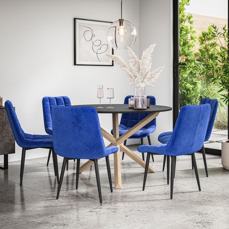 Malvern Round Dining Table And Chairs -  Black Table Top w Solid Oak Legs + Nova Velvet Dining Chair Set Of 6 (Blue) (1/5)