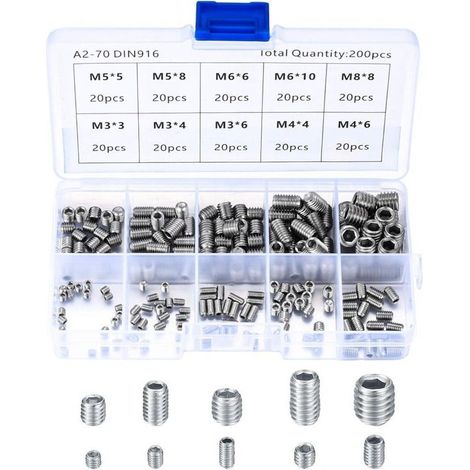 200 Pièces Vis Sans Tête en Acier Inox, M3 M4 M5 M6 M8 Vis à Métaux, Assortiment Kit de Fixations Vis Pointeau (1/5)