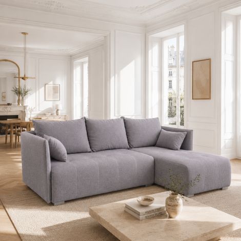 NESIA - Canapé d'angle convertible 4 places en tissu - 215 cm - avec coffre de rangement - Gris (1/5)