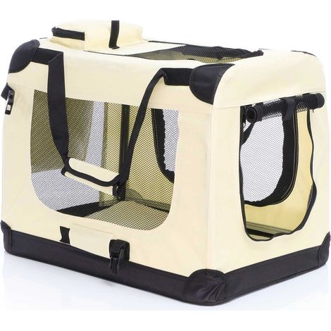 Fudajo Faltbare Transportbox für Hunde, Katzen M (60x42x44cm), robust, leicht, sicher, Hundebox mit Tragegriff und Decke, Beige