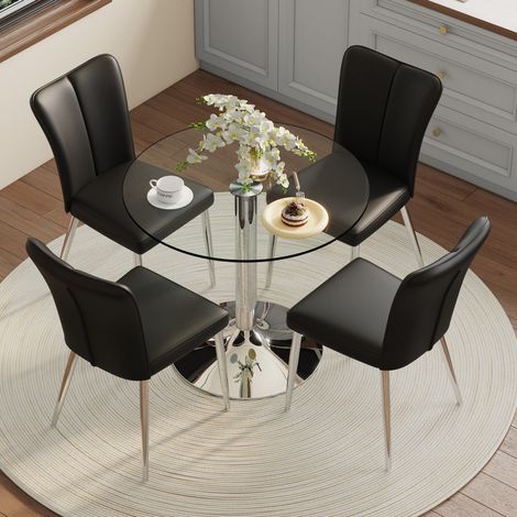Ensemble table à manger ronde en verre 85 cm avec 4 chaises PU noires, noir et argent (1/5)