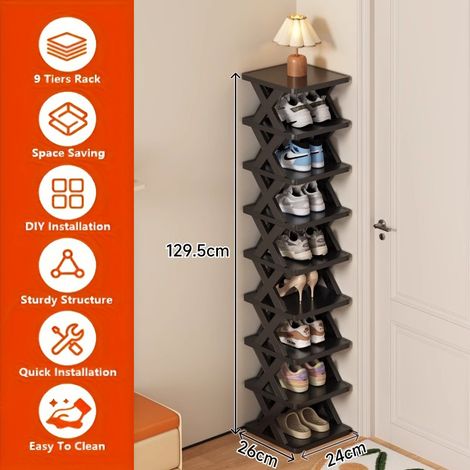 Étagère à Chaussures d'Angle – Haute, Étroite, Plastique Robuste. 9 Niveaux, 9 Paires. Modèle (Noir  9 Niveaux). (1/5)