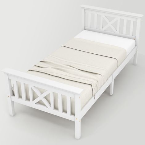 Lit simple 90 x 200 cm avec tête de lit en X, tiroirs de rangement en option, cadre en bois et sommier à lattes, blanc, CHICFURN (1/5)