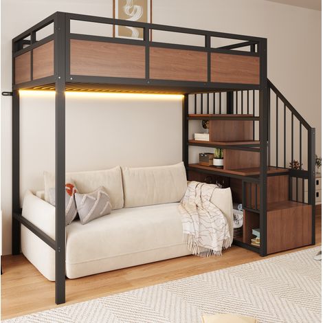 Metall Hochbett 245.2x95.5x170 cm, Stauraumleiter beidseitig montierbar, LED Beleuchtung, Metall und Holz, Schwarz (1/5)