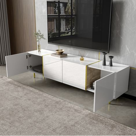 Mueble TV 170x35x46 cm blanco en MDF de alto brillo con 4 puertas y cierre suave (1/5)
