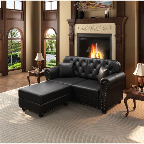 Canapé Chesterfield 2 places avec pouf, 160 cm, similicuir noir, OKMYHOME (1/5)