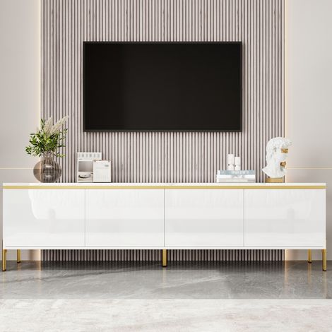 Mueble TV 170x38x50 cm blanco en tablero de partículas con acabado brillante, 4 puertas y pasacables (1/5)