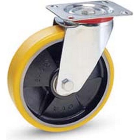 1PZ RUOTE INDUSTRIALI IN POLIURETANO NUCLEO GHISA CON PIASTRA GIREVOLE"22" - mm.100x25 piastra mm.100x85 - 128h. p. Kg.120