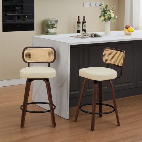 Lot de 2 Tabourets de Bar en Rotin – Dossier Tressé, assise rembourrée, piètement en métal, pivotant – pour Îlot ou Bar, Beige