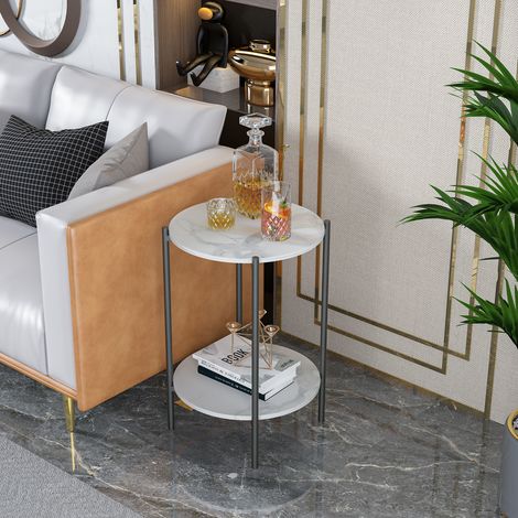 2 Tiers Solid Marble Top Round Coffee Table Lounge Living Room Modern Black Legs