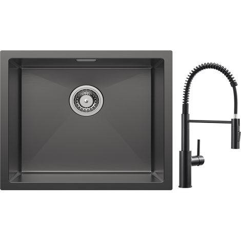 Cecipa Lavello da cucina a 1 vasca 50 x 44 cm in acciaio inox antracite + miscelatore da cucina a molla con doccetta estraibile, rubinetto lavello 2 modalità di uscita dell'acqua, Nero (1/5)
