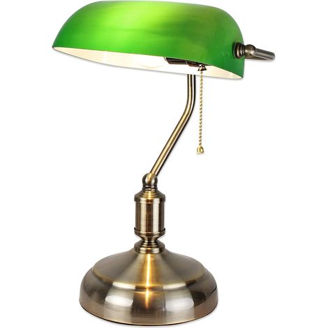 Green banker's lamp – vintage retro bedside lamp – notary, lawyer and library lamp – E27 socket – opal glass – pull switch – 38 cm – bronze base (1/5)