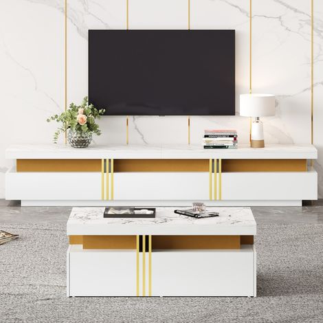 Ensemble de meubles de salon blanc – Meuble TV mural 200x40x42cm et table basse 100x50x40cm – Rangement multifonctionnel moderne (1/5)