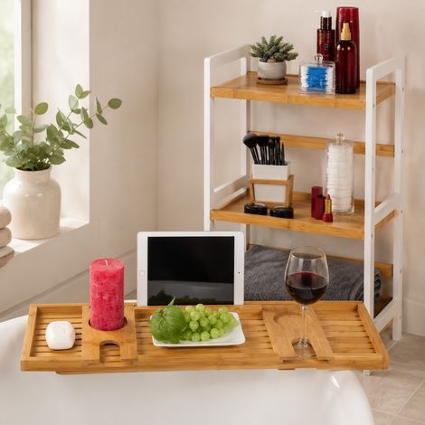 Set da bagno in bambù (3 pezzi) – Vassoio da bagno color vino, ripiano a 4 scomparti e portasapone in bambù (1/5)
