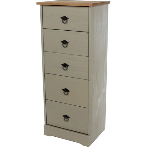 5 Drawer Narrow Chest of Drawers - Pine - L31.8 x W43.2 x H103.9 cm - Grey - Screw/Nail&Dowel