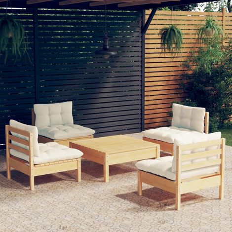 5-tlg. Garten-Lounge-Set mit Creme Kissen Kiefernholz (1/5)