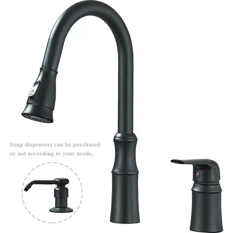 (Noir mat B) Robinet d'évier de cuisine avec douchette extractible, poignée unique, mitigeur à deux trous. (1/5)