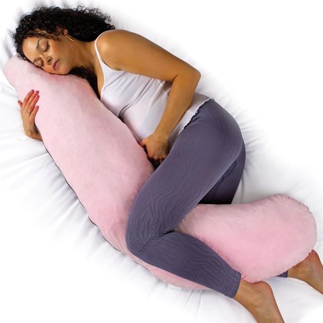 Aamira L Shaped Pregnancy Pillow Pink & Dark Grey, 145x55x20cm Shredded Memory Foam Full Body Maternity Cushion for Sleeping (1/5)