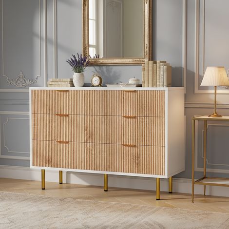 Kommode mit 6 Schubladen und geriffelten Fronten, goldfarbenen Griffen und Füßen, B 100 x T 34 x H 73 cm – Naturholz (1/5)