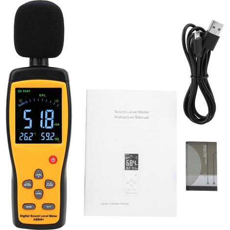 Sonomètre numérique SMART SENSOR AS844+ avec écran LCD, mesure de bruit en décibels, enregistreur de données, moniteur de niveau sonore portable