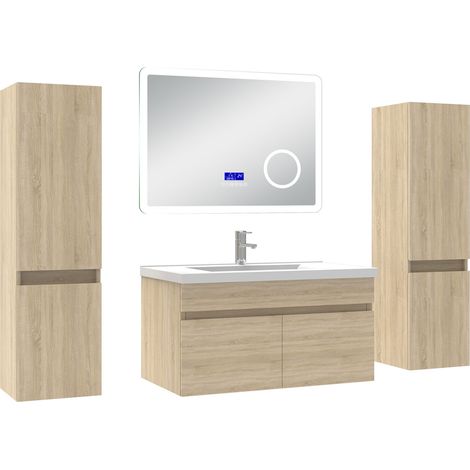Ocean Ensemble meuble 80 cm, lavabo céramique simple + 2 colonnes + Miroir salle de bain Bluetooth avec 3 couleurs dimmable, Chêne Wotan à suspendre (1/5)
